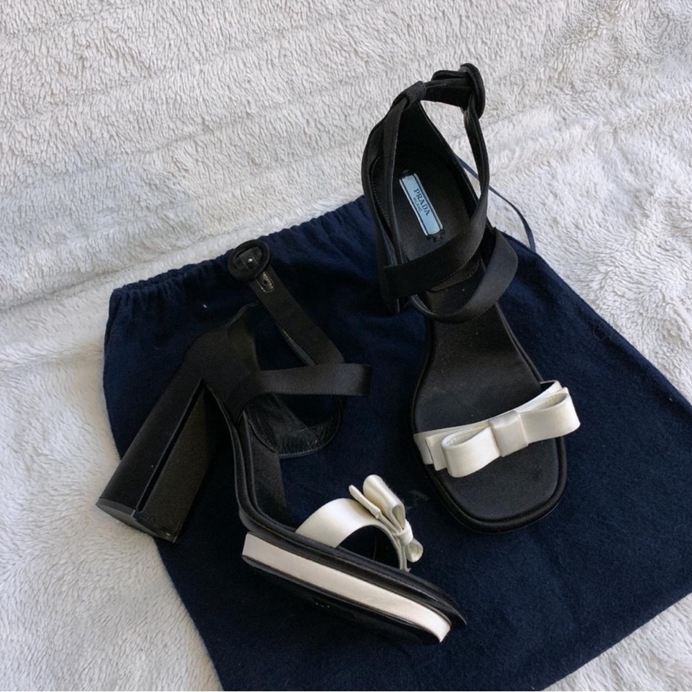 Vintage Prada Heels Pumps SS2013 Black and White Silk Heels with Bow